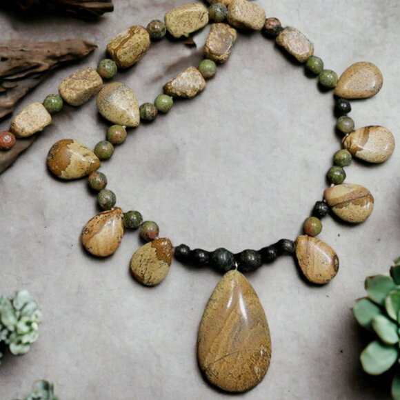 NEW Handmade Picture Jasper Stone Tears Statement Necklace. One of a Kind! - Picture 1 of 5